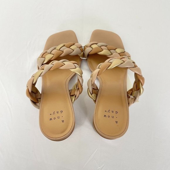 A New Day Womens Heels 7.5 Woven Sandals Tan Metallic Basil Heeled Two Bands New - Picture 7 of 10